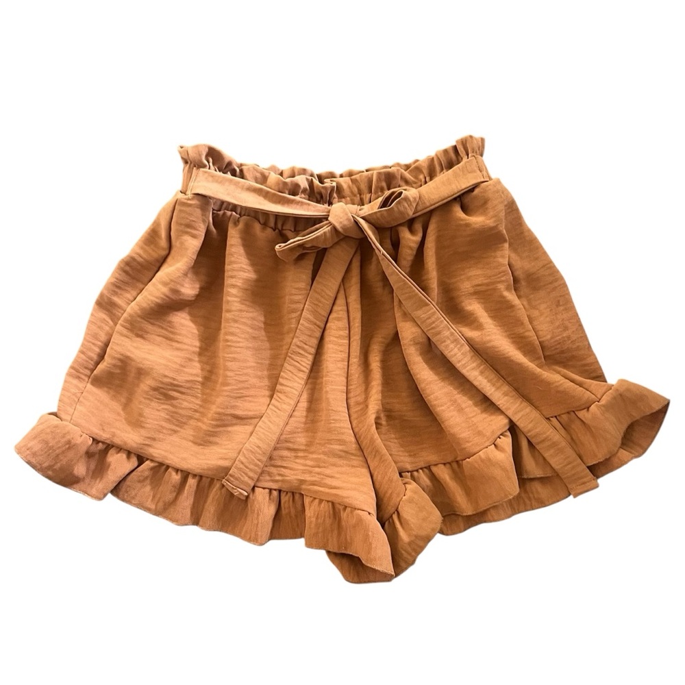 Peach Love California High Waist Tan Shorts with Ruffled Hem Small